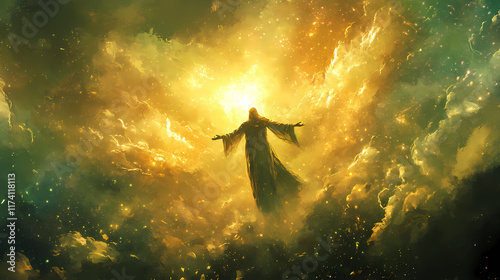 Spiritual ascension: divine light & celestial glory, faithful followers journey heavenward. Ravenwood. Illustration photo