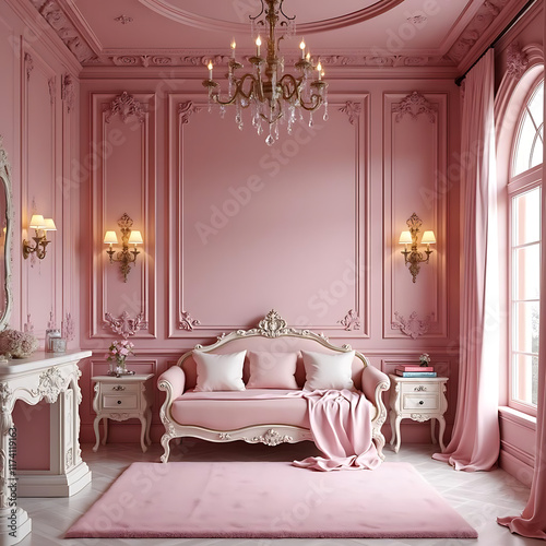 Elegant Pink Room with Luxurious Furniture and Charming Chandelier for Aesthetic Interiors