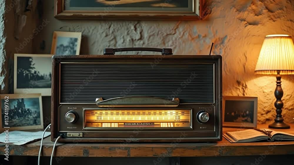 Vintage Radio with Lamp and Framed Pictures