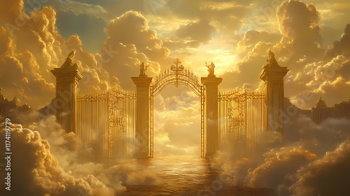 The golden gate in the clouds at the entrance to the kingdom of heaven and the righteous near the gate. Ravenwood. Illustration