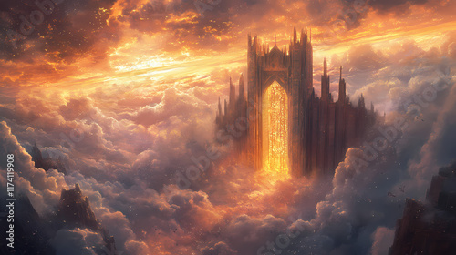 The golden gate in the clouds at the entrance to the kingdom of heaven and the righteous near the gate. Ravenwood. Illustration