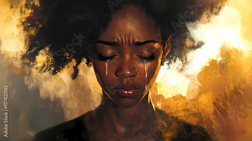 Young black woman with tears of joy looking heavenward touched by gods grace inspirational. Ravenwood. Illustration photo