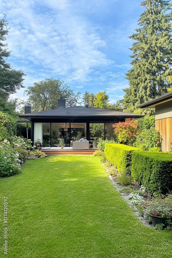 Naklejka premium A serene backyard garden with lush greenery, trees, and a cozy house with large windows