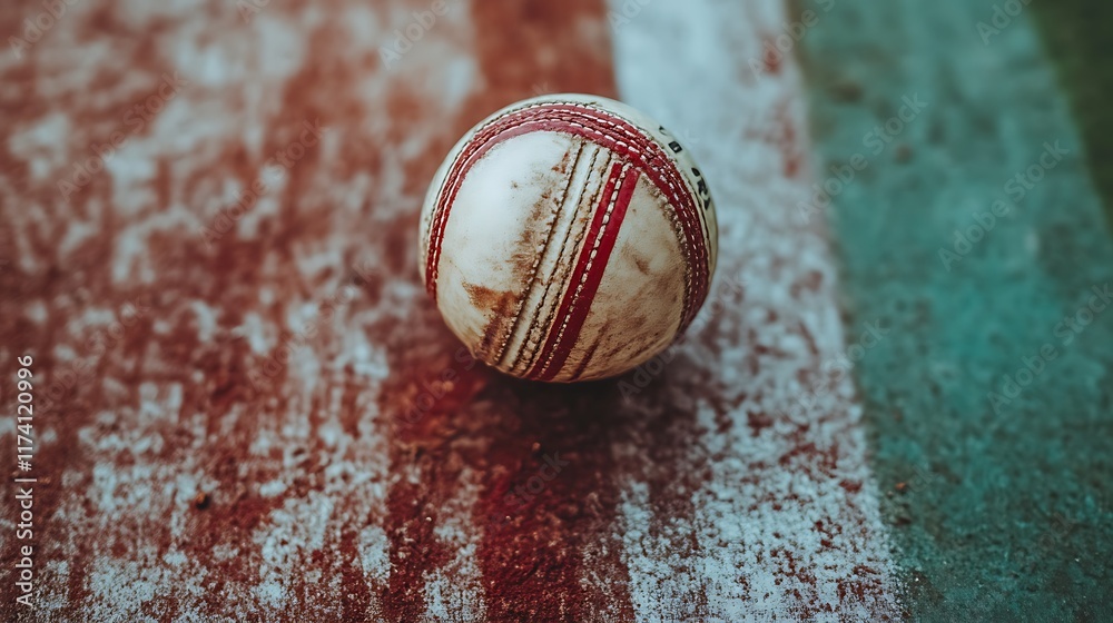 A Dirty Cricket Ball Rests On A Pitch