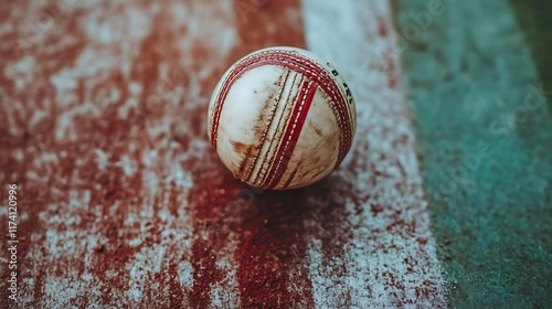 A Dirty Cricket Ball Rests On A Pitch