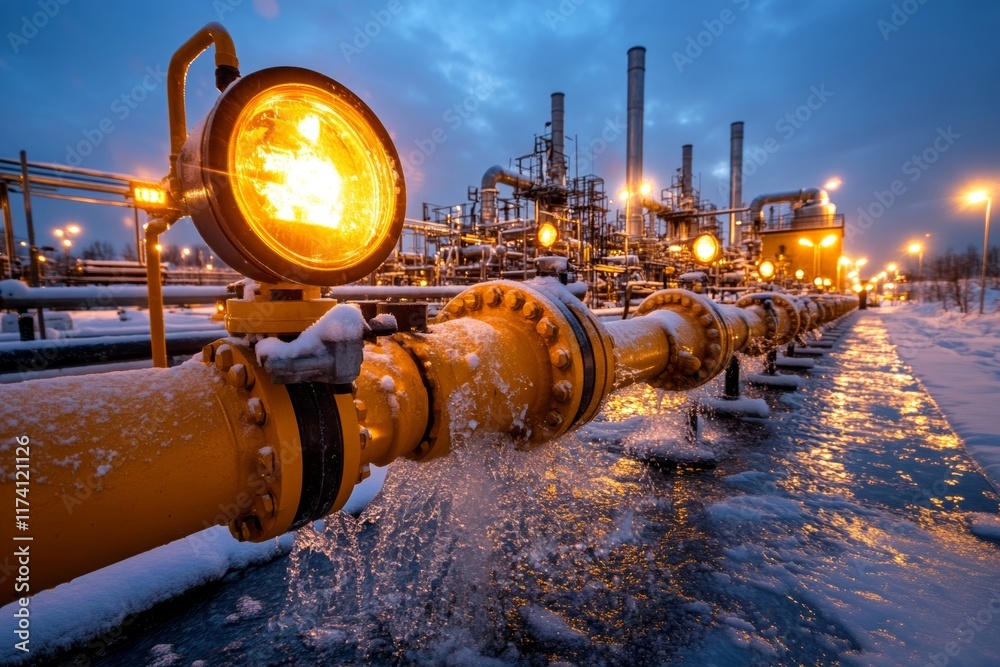 Gas pipes and warning lights illuminating snowy industrial plant at dusk Gas pipes and warning lights illuminating snowy industrial plant at dusk