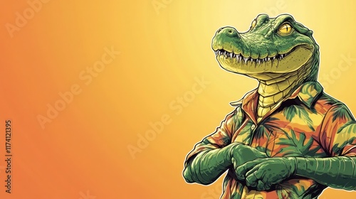 Cheerful Cartoon Crocodile with Playful Smile and Sharp Teeth in Vibrant Orange and Yellow Background  Humorous of Friendly Reptile Character