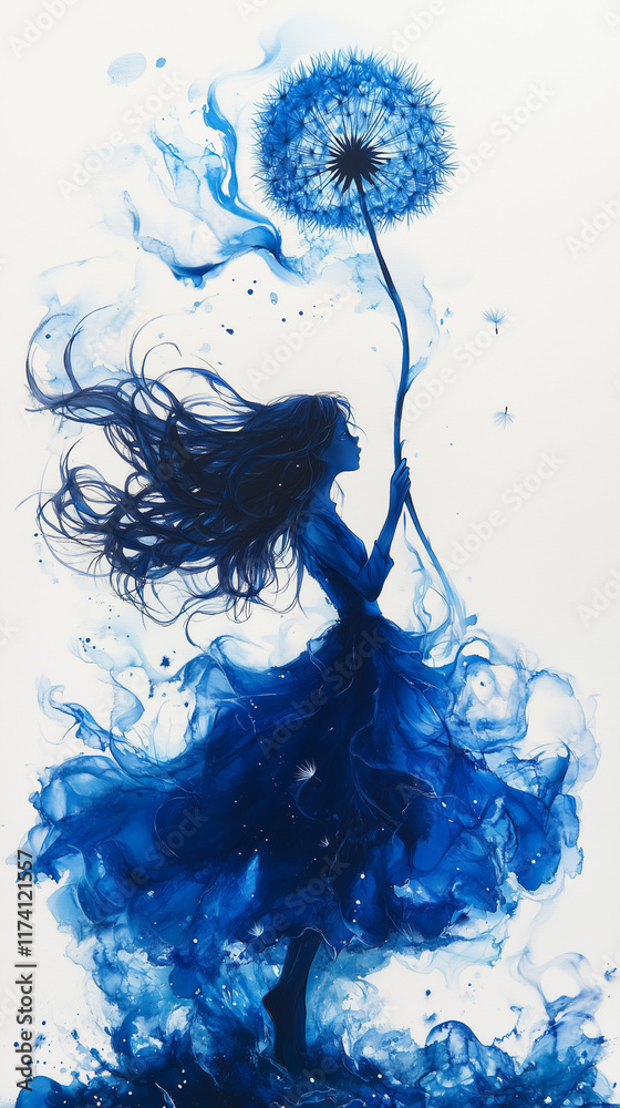 Fototapeta premium Minimalism, alcohol ink, blue watercolor with a detailed gradient from white to dark blue, subtle strokes, origami, a litt.le girl with flowing hair painted with a black gel pen runs holding a beautif