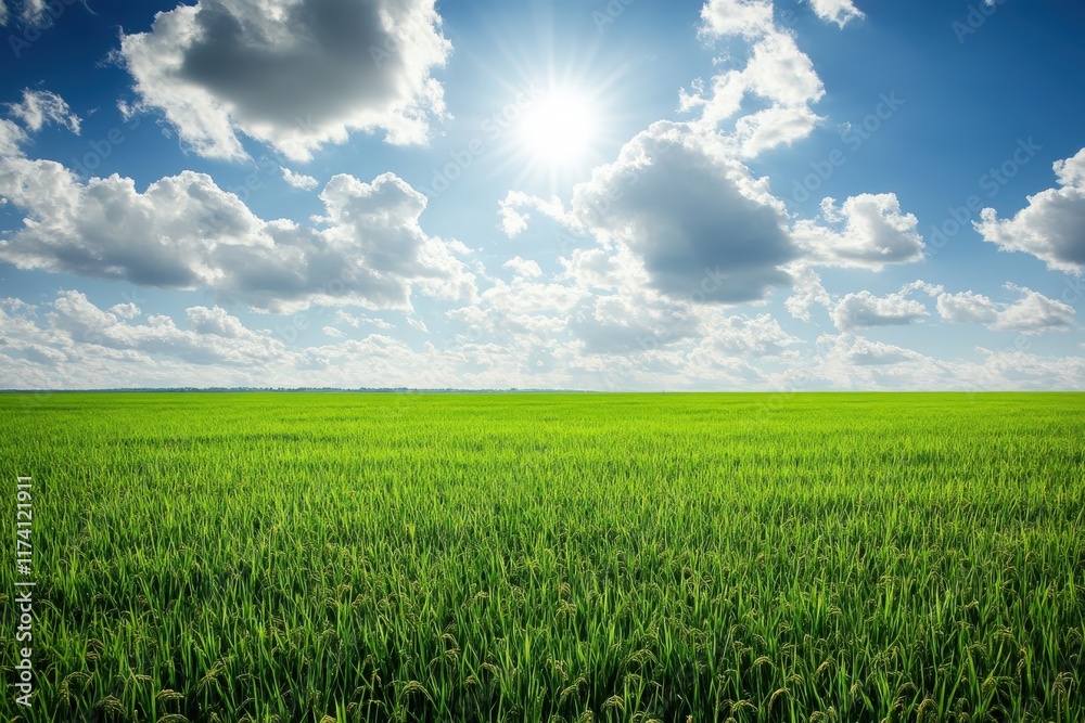 Green rice field under cloudy sky with bright sun shining Green rice field under cloudy sky with bright sun shining