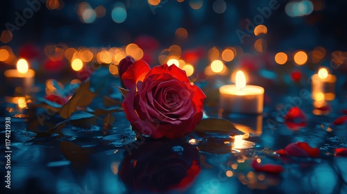 Roses scattered near glowing candles in a cozy indoor Valentines setup, futuristic, double exposure, celebration backdrop photo