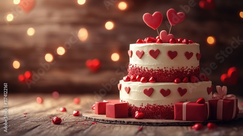 Valentines Day cake and gift boxes in a cozy glowing setup, dynamic, manipulation, celebration backdrop photo