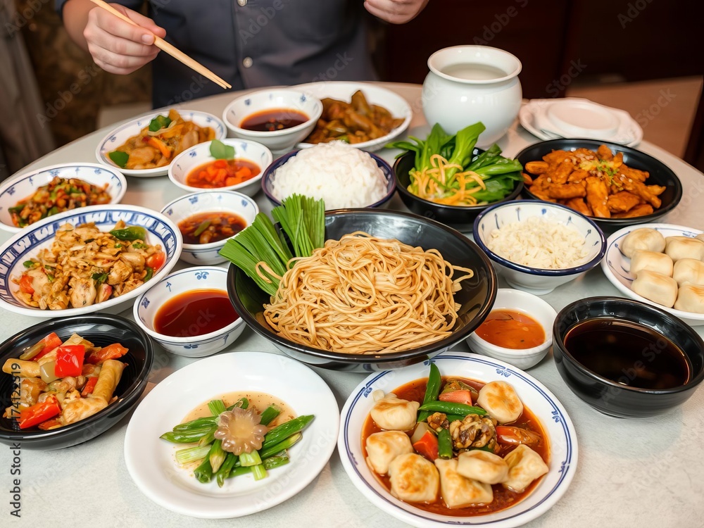 A colorful spread of traditional Chinese dishes on a table, presentation, culture, variety A colorful spread of traditional Chinese dishes on a table, presentation, culture, variety