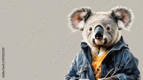 Adorable koala bear sitting in eucalyptus tree wearing a denim jacket portraying a whimsical and charming character in its natural Australian forest environment photo