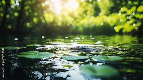 Fish swimming in a pond with lily pads.