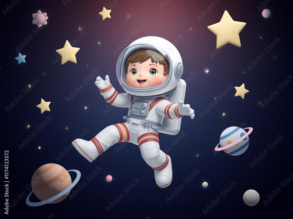 A cute 3D kid astronaut with a helmet and space suit, floating in zero gravity surrounded by stars and planets, stars, astronaut, kid