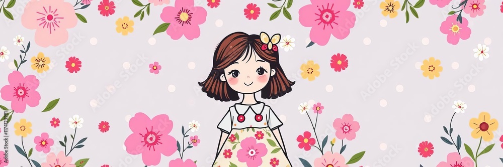 A cute girl holding flowers with two seamless patterns of floral and polka dots, girl, playful, design A cute girl holding flowers with two seamless patterns of floral and polka dots, girl, playful, design