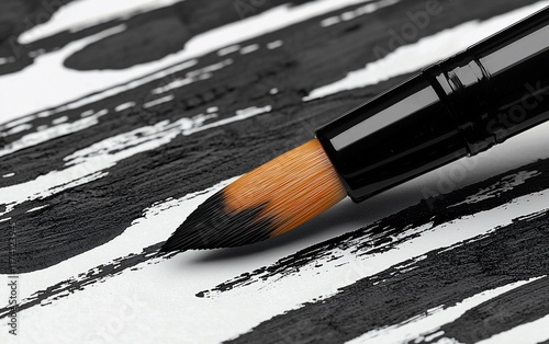 Close-up of paintbrush with black paint strokes on white paper.