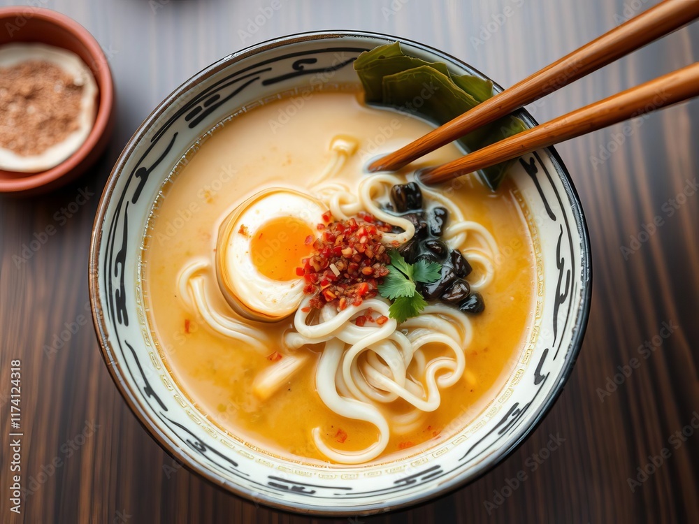 A delicious bowl of vegetable ramen soup, topped with fresh ingredients and served with chopsticks in a traditional Japanese setting, Japanese, meal, noodle