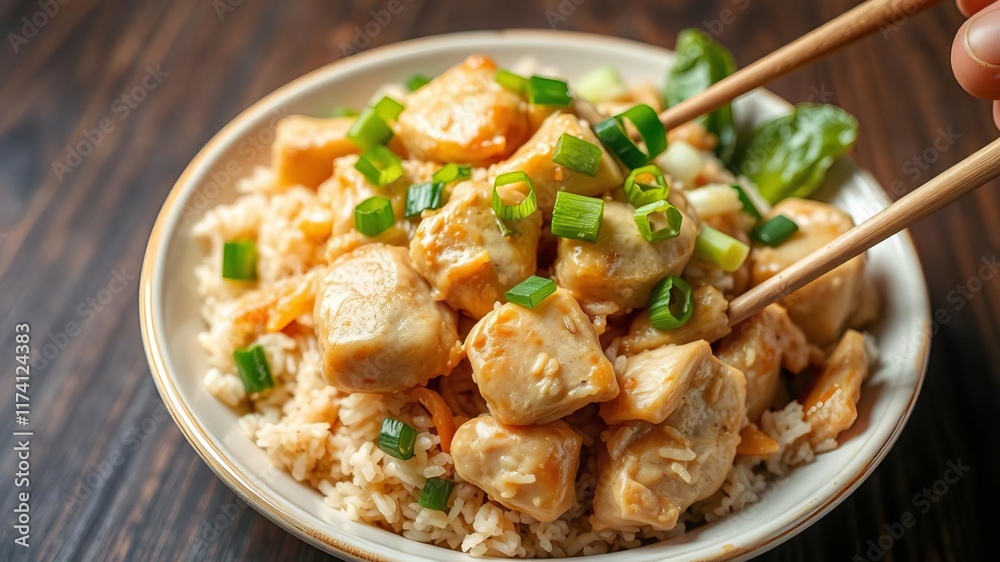 A delicious Asian-inspired dish of tender chicken and fluffy rice, topped with spring onions and soy sauce, food photography, Asian cuisine, flavorful combination A delicious Asian-inspired dish of tender chicken and fluffy rice, topped with spring onions and soy sauce, food photography, Asian cuisine, flavorful combination
