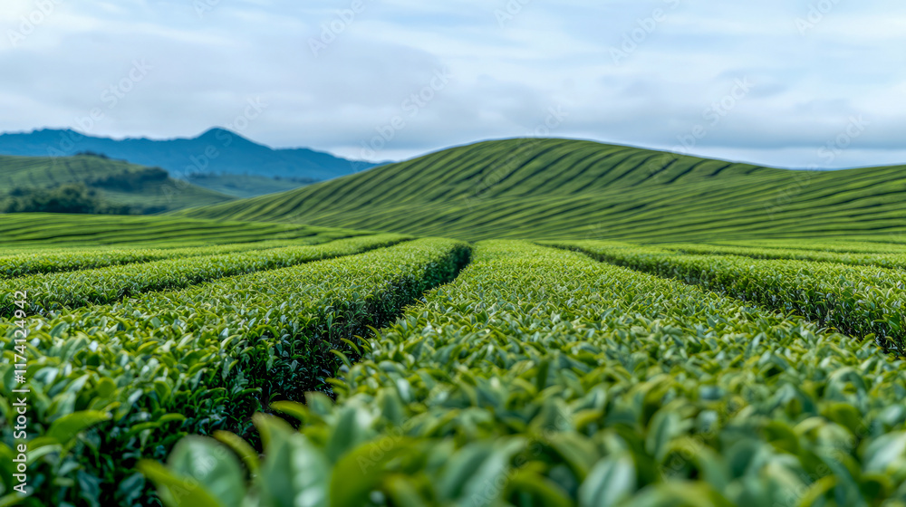 Lush green tea plantation fields with rolling hills in tranquil countryside Lush green tea plantation fields with rolling hills in tranquil countryside