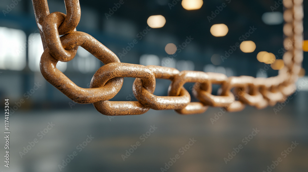 Rusty industrial chain hanging in warehouse setting Rusty industrial chain hanging in warehouse setting