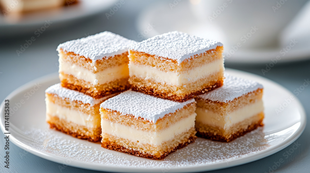 Delicious vanilla sponge cake slices with powdered sugar topping on a plate