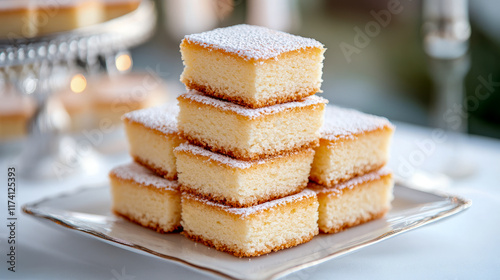 Delicious stack of powdered sugar-topped sponge cake squares on elegant plate