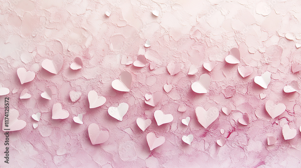Fototapeta premium Soft pastel pink background with scattered paper hearts creating romantic feel