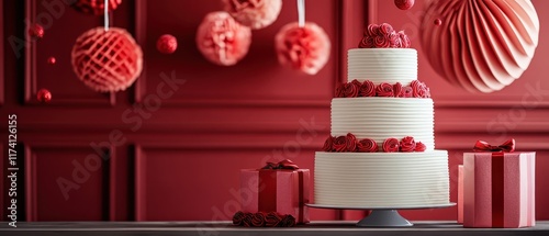 Redthemed cake and gift boxes in a festive indoor setup, surreal, blend mode, party setup photo