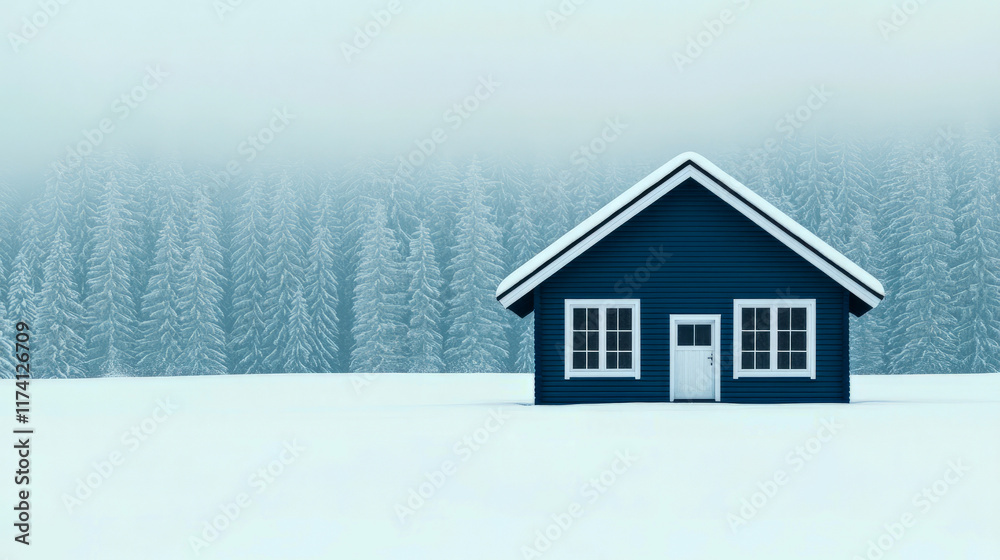Cozy blue cabin in snowy winter landscape with pine trees Cozy blue cabin in snowy winter landscape with pine trees
