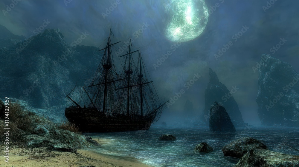 Fototapeta premium Coastal Waters with Ship and Moonlit Sky