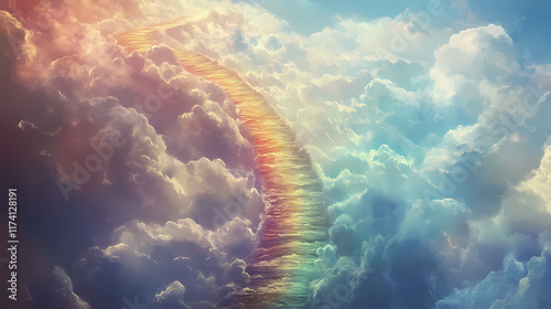 Rainbow road above cloudscape a dreamlike path. Ravenwood. Illustration photo