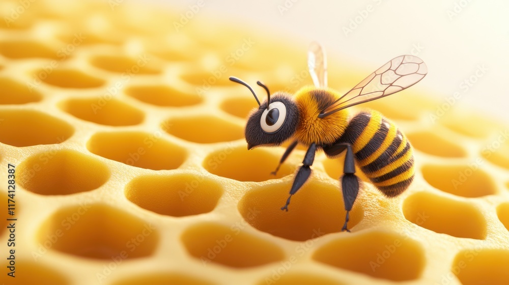 Close-Up of a Cartoon Bee on Honeycomb Surface in Soft Light Close-Up of a Cartoon Bee on Honeycomb Surface in Soft Light