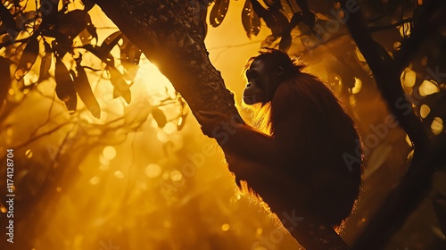 Golden Hour Orangutan: A Silhouette of Serenity in the Bornean Rainforest photo