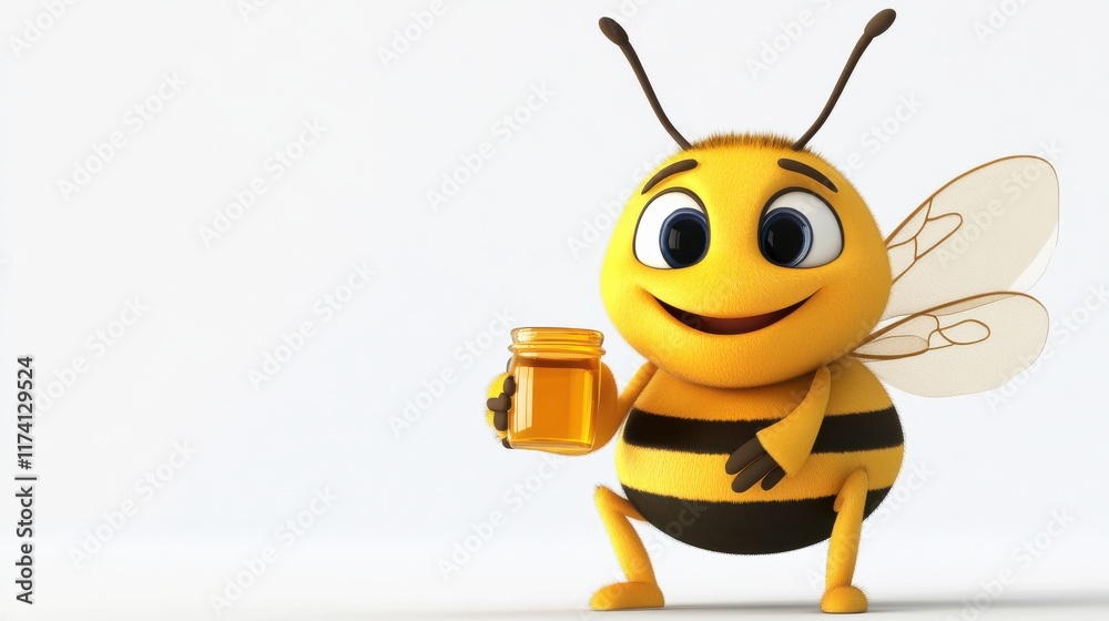 Cheerful Cartoon Bee Holding Jar of Honey with a Bright Smile Cheerful Cartoon Bee Holding Jar of Honey with a Bright Smile