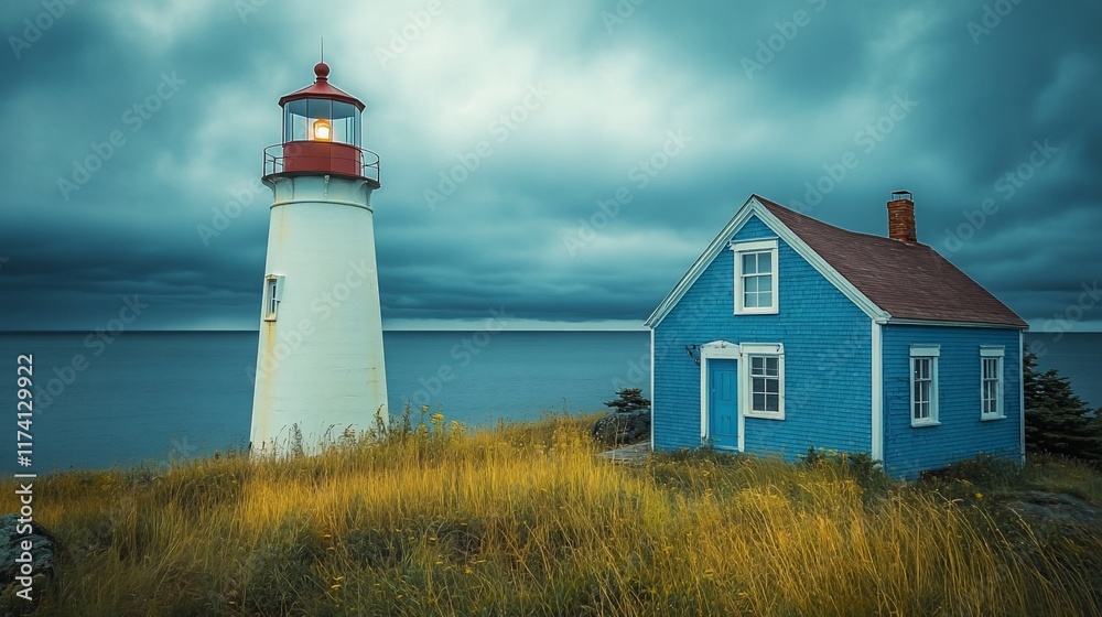 Lighthouse and keeper's house on a stormy sea. Lighthouse and keeper's house on a stormy sea.