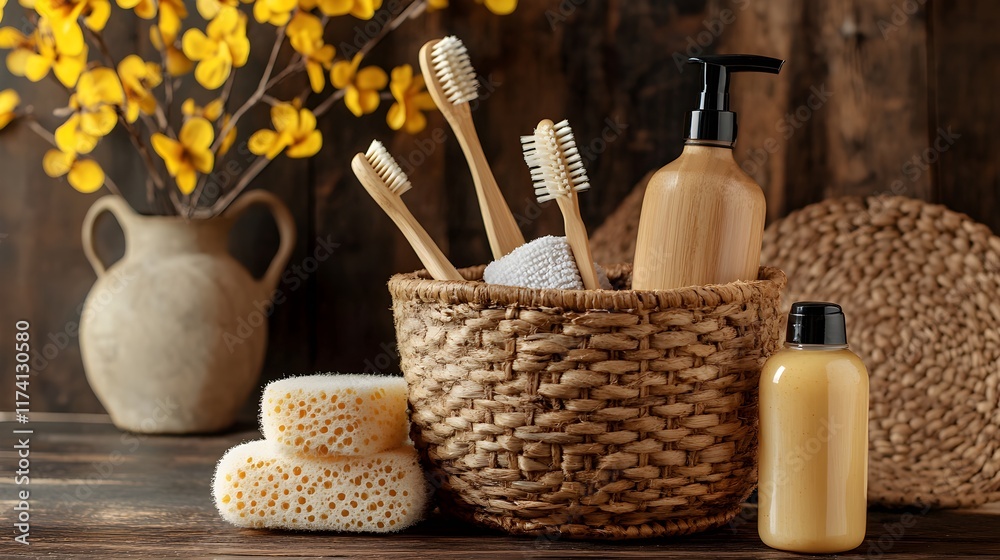 A basket of eco-friendly cleaning tools, including wooden sponges, a bamboo brush, and a soap bottle, sits on the table. The background is a dark brown wood with some yellow flowers in a vase. 