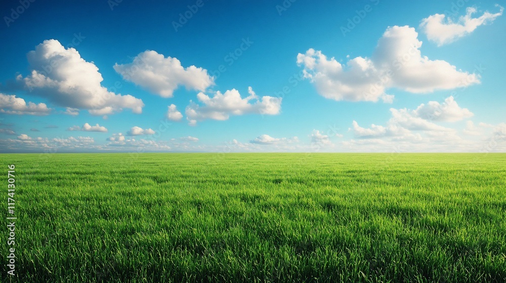 Vibrant green field under a bright blue sky with fluffy clouds. Vibrant green field under a bright blue sky with fluffy clouds.
