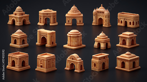 Collection of 3D rendered sandstone arch models, various designs and sizes, isolated on black. photo