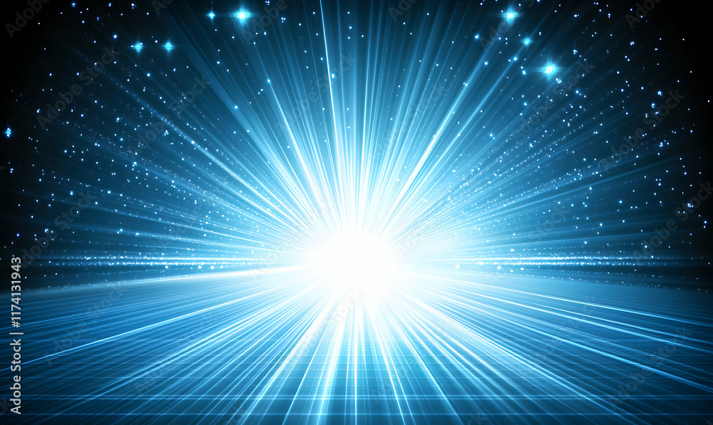 Abstract blue light burst background; bright, radiant energy beams emanating from central light source; ideal for futuristic, technology, or spiritual themes. Abstract blue light burst background; bright, radiant energy beams emanating from central light source; ideal for futuristic, technology, or spiritual themes.