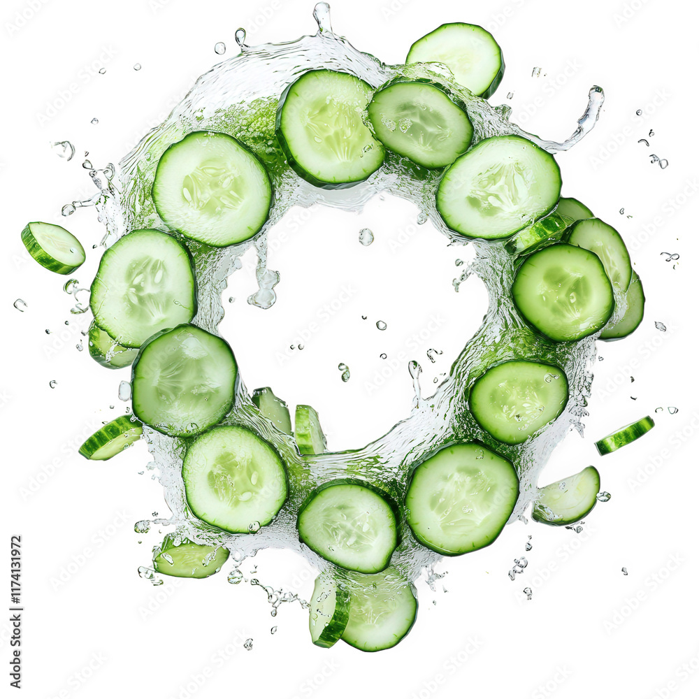 fresh cucumber slices arranged in a circular pattern. surrounded by splashes of water. creating a refreshing and vibrant visual it highlights the crisp texture and bright green color of the cucumbers. fresh cucumber slices arranged in a circular pattern. surrounded by splashes of water. creating a refreshing and vibrant visual it highlights the crisp texture and bright green color of the cucumbers.