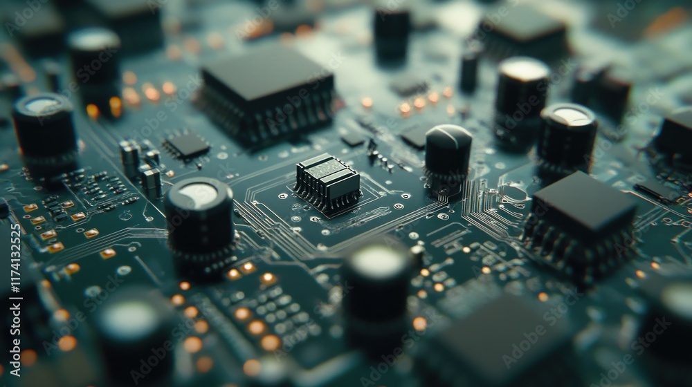 Electronics components like capacitors, resistors, and integrated circuits on a grid Electronics components like capacitors, resistors, and integrated circuits on a grid