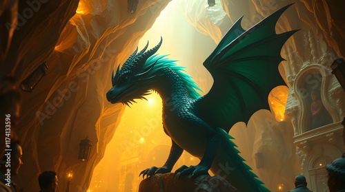 Majestic Dragon in a Mystical Cave, Ai generated images photo