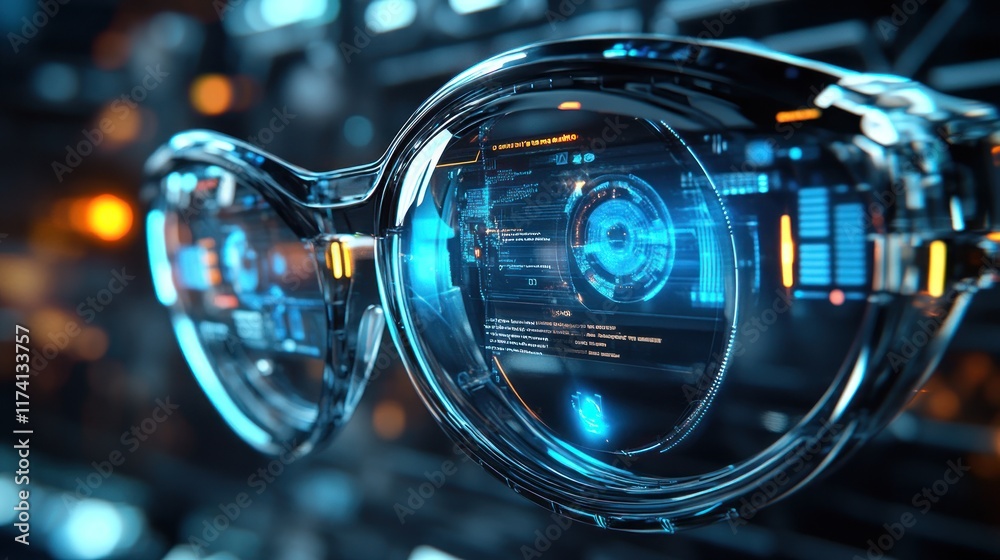 Futuristic smart glasses displaying a real-time communication app, augmented reality interface, high-tech look 