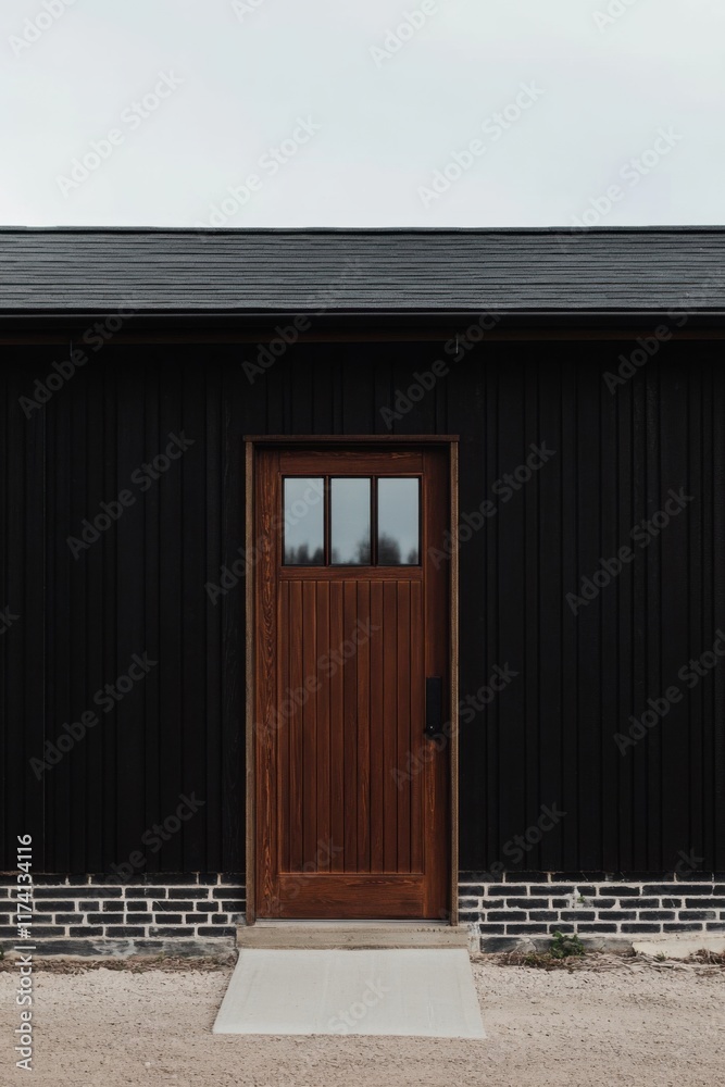 Wooden door of a modern black barn building features a clean design and minimalistic style, set against a cloudy sky in a rural area Wooden door of a modern black barn building features a clean design and minimalistic style, set against a cloudy sky in a rural area