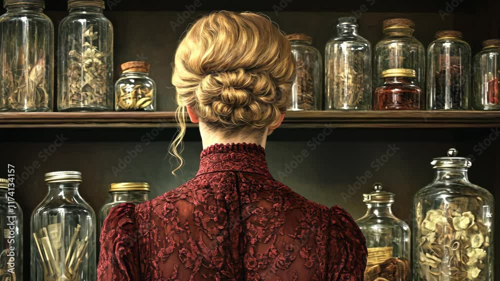 Woman in a vintage dress exploring shelves filled with jars of herbs and substances in a dimly lit room