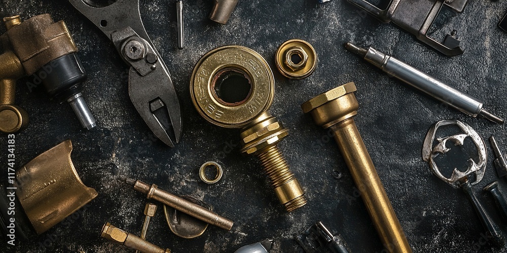 Close-up of a golden brass water valve surrounded by plumbing tools, showcasing industrial detail Close-up of a golden brass water valve surrounded by plumbing tools, showcasing industrial detail