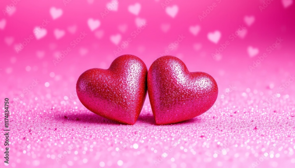 Obraz premium Zwei glänzende rote Herzen auf einem sanft glitzernden rosa Hintergrund symbolisieren Liebe und Romantik – ideal für Valentinstag oder Hochzeitskarten. Generative KI.