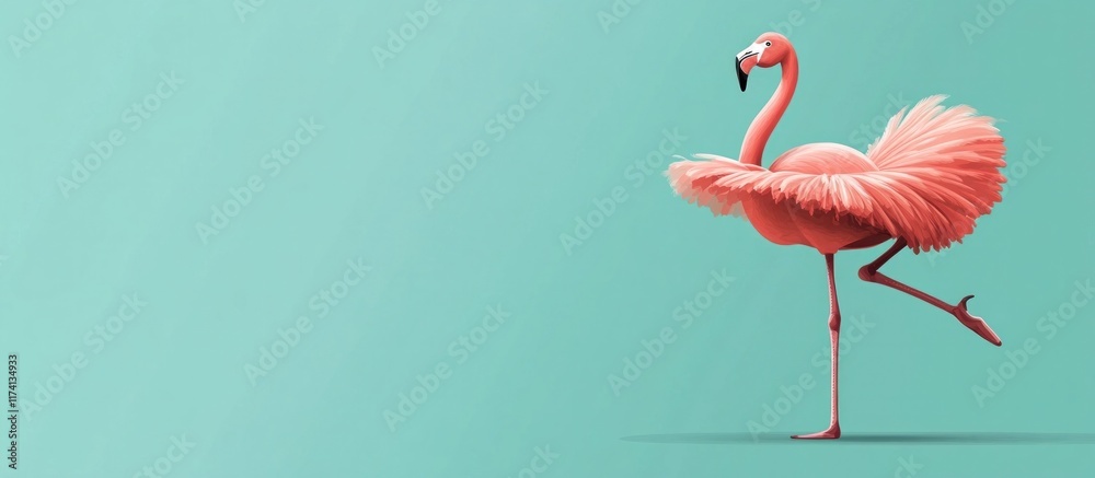 Obraz premium Elegant pink flamingo standing on one leg in a tropical environment The flamingo s vibrant feathers and graceful stance capture the beauty and elegance of this exotic avian species