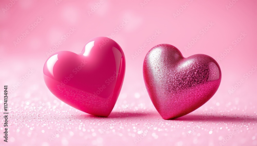 Zwei glänzende rote Herzen auf einem sanft glitzernden rosa Hintergrund symbolisieren Liebe und Romantik – ideal für Valentinstag oder Hochzeitskarten. Generative KI. Zwei glänzende rote Herzen auf einem sanft glitzernden rosa Hintergrund symbolisieren Liebe und Romantik – ideal für Valentinstag oder Hochzeitskarten. Generative KI.